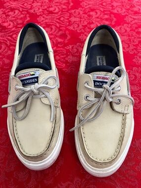 Sebago Docksides Boat Shoes Men's 7.5 Cream Leather Lace Up Moc Toe